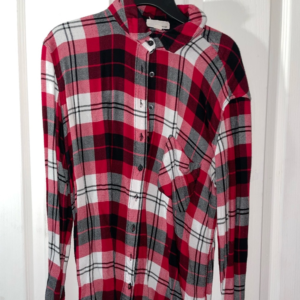 Red, black, white, plaid, button down shirt, with pockets